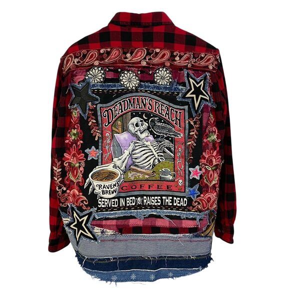 Upcycled Flannel Shirt Shacket Womens XL Jacket Coffee Grunge Patchwork Folk Art - Picture 11 of 16